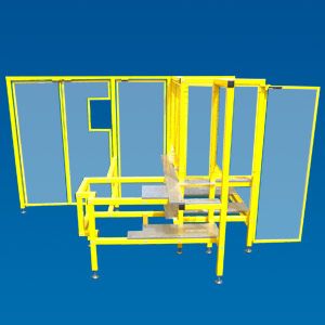 Maschinengestell mit Schutzeinhausung und Befestigungsplatten zum Einbau von Handhabungseinrichtungen