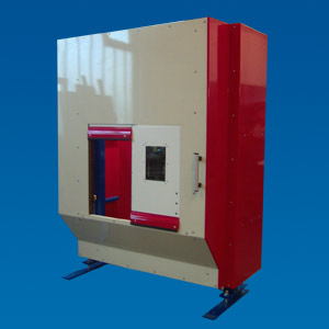 Machine base frame with integrated sliding door and MecLock vertical safety doors for individual and series production